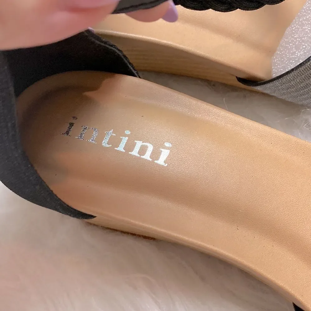 Intini Leather Silver Braided Ankle Strap Low Wedge Sandals